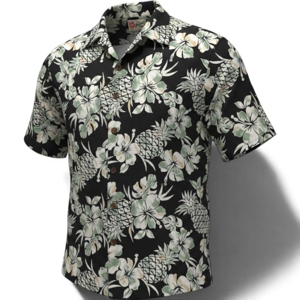Hilo Hattie Hawaiian Shirt Men S Black Pineapple Hibiscus Cotton Tropical Resort